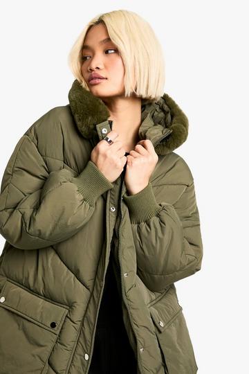 Faux Fur Hooded Parka khaki