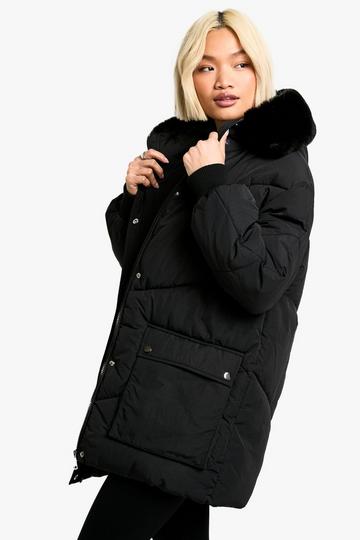 Black Faux Fur Hooded Parka