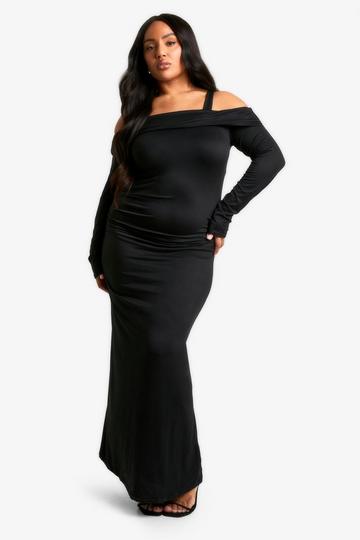 Plus Exposed Shoulder Bardot Long Sleeve Column Dress black