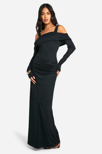 Exposed Shoulder Bardot Long Sleeve Maxi Dress black