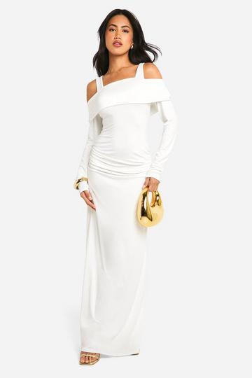 Ivory White Exposed Shoulder Bardot Long Sleeve Maxi Dress