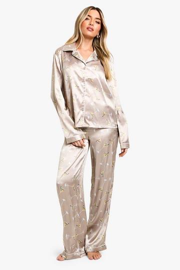 Christmas Martini Print Satin Long Sleeve Shirt & Trouser Pyjama Set beige