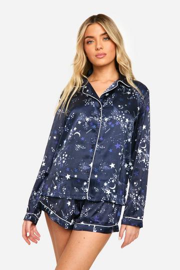 Christmas Star Print Satin Long Sleeve Shirt & Shorts Pyjama Set navy