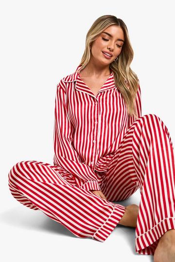 Christmas Candy Cane Stripe Satin Button Through Shirt & Trouser Pyjama Set red