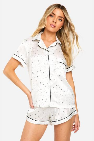 White Christmas Star Print Satin Short Sleeve Shirt & Shorts Pyjama Set