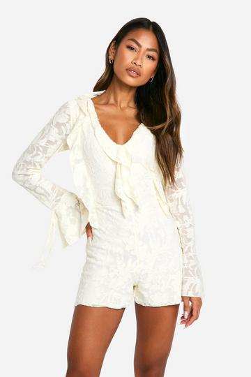 Jacquard Long Sleeve Ruffle Playsuit cream