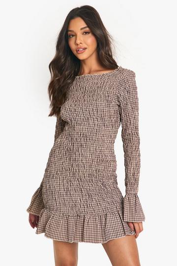 Check Shirred Long Sleeve Mini Dress brown