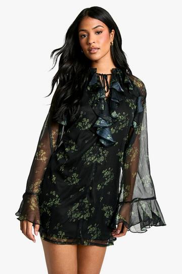 Tall Dark Floral Ruffle Flare Sleeve Shift Dress black