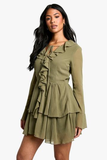 Olive Green Tall Chiffon Ruffle Plunge Skater Dress