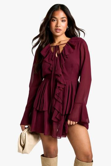 Petite Chiffon Ruffle Plunge Skater Dress berry