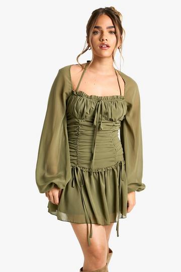 Olive Green Petite Chiffon Ruched Milkmaid Skater Dress