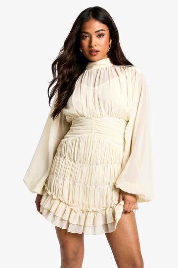 Ivory White Petite Chiffon Ruched High Neck Ruffle Dress