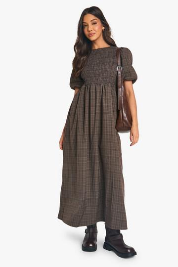 Check Shirred Puff Sleeve Midaxi Dress brown