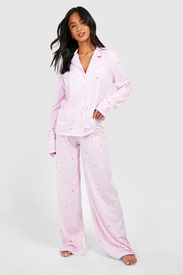 Petite Love Heart Pinstripe Pyjama Set pink