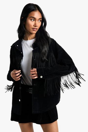 Suede Look Fringe Detail Shacket black