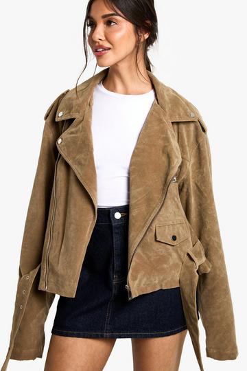 Suede Look Oversized Biker Jacket taupe