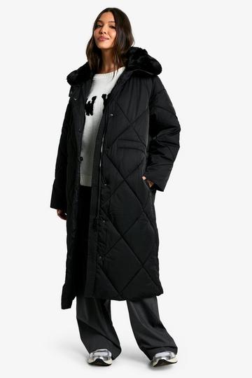 Black Premium Faux Fur Trim Quilted Maxi Parka