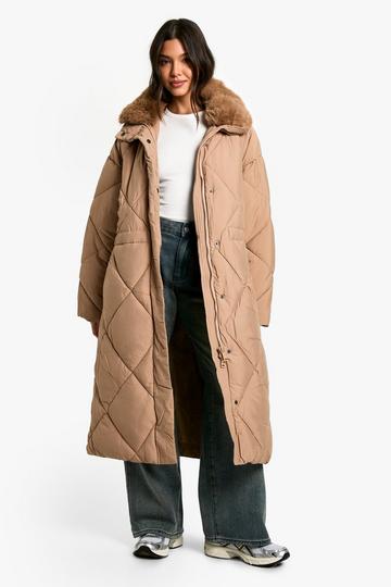 Premium Gewatteerde Maxi Parka Met Faux Fur Zoom En Stiksels camel