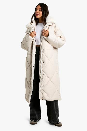 Premium Faux Fur Trim Quilted Maxi Parka cream