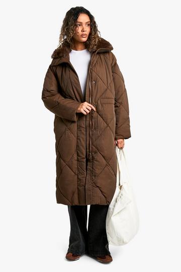 Premium Faux Fur Trim Quilted Maxi Parka brown