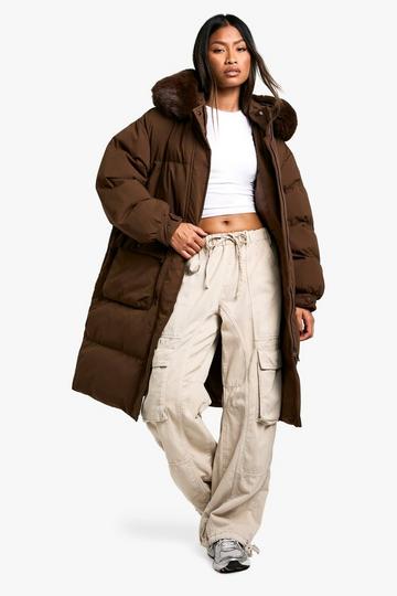 Premium Faux Fur Trim Parka brown