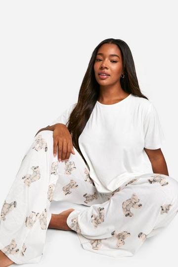 Cream White Plusâ Bear Print Pants Pajama Set