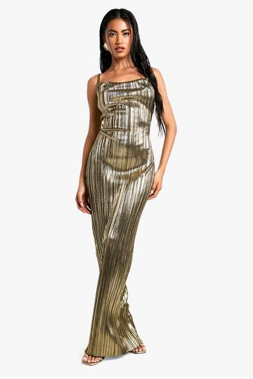 Plisse Gouden Maxi Jurk Met Losse Col metallic gold