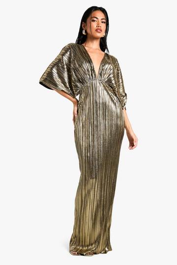 Gold Plisse Plunge Maxi Dress metallic gold