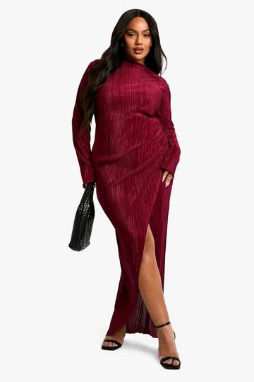 Plus Plisse Pleated Wrap Maxi Dress wine