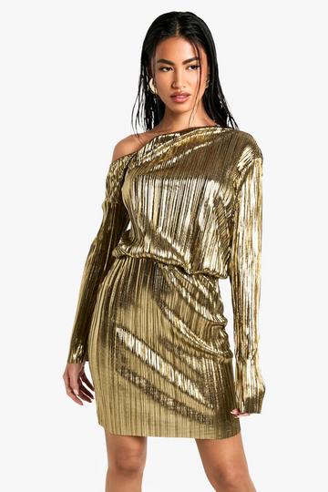 Metallic Gold Plisse One Shoulder Long Sleeve Mini Dress