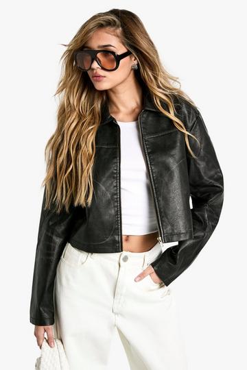 Vintage Look Zip Faux Leather Jacket black