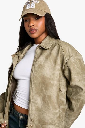 Washed Look Faux Leather Jacket light khaki