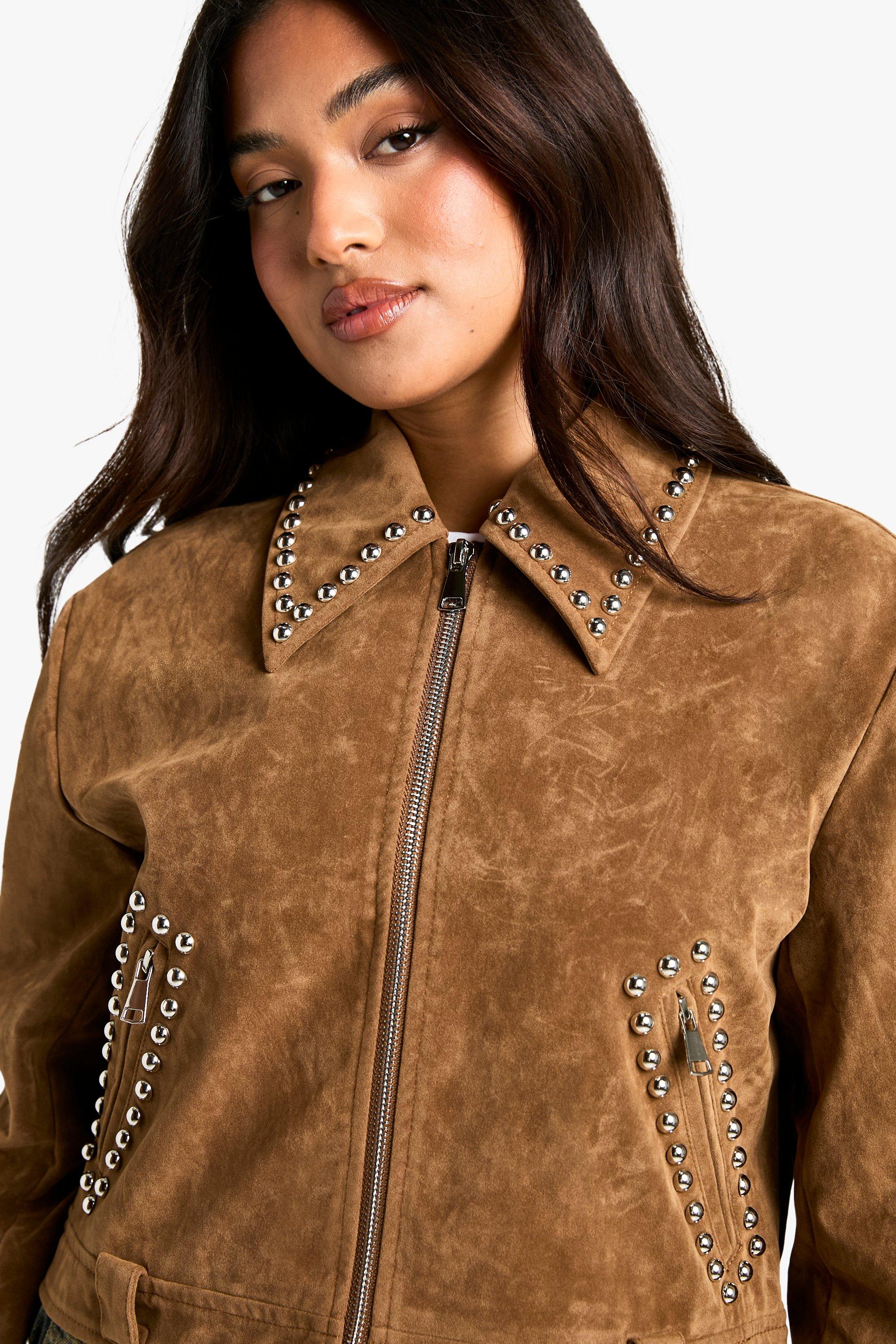 Petite Stud Detail Faux Suede Jacket