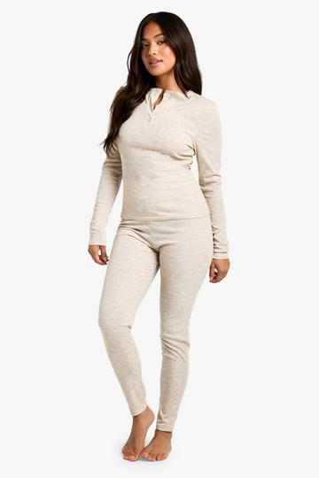 Petite Geribbelde Henley Set Met Lange Mouwen En Leggings oatmeal