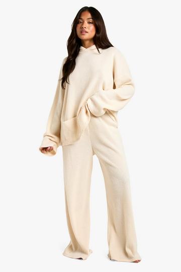 Petite Soft Brushed Rib Hoodie Lounge Set cream