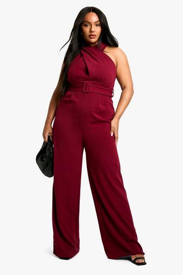 Plus Cross Over Wrap Belt Wide Leg Jumpsuit malbec