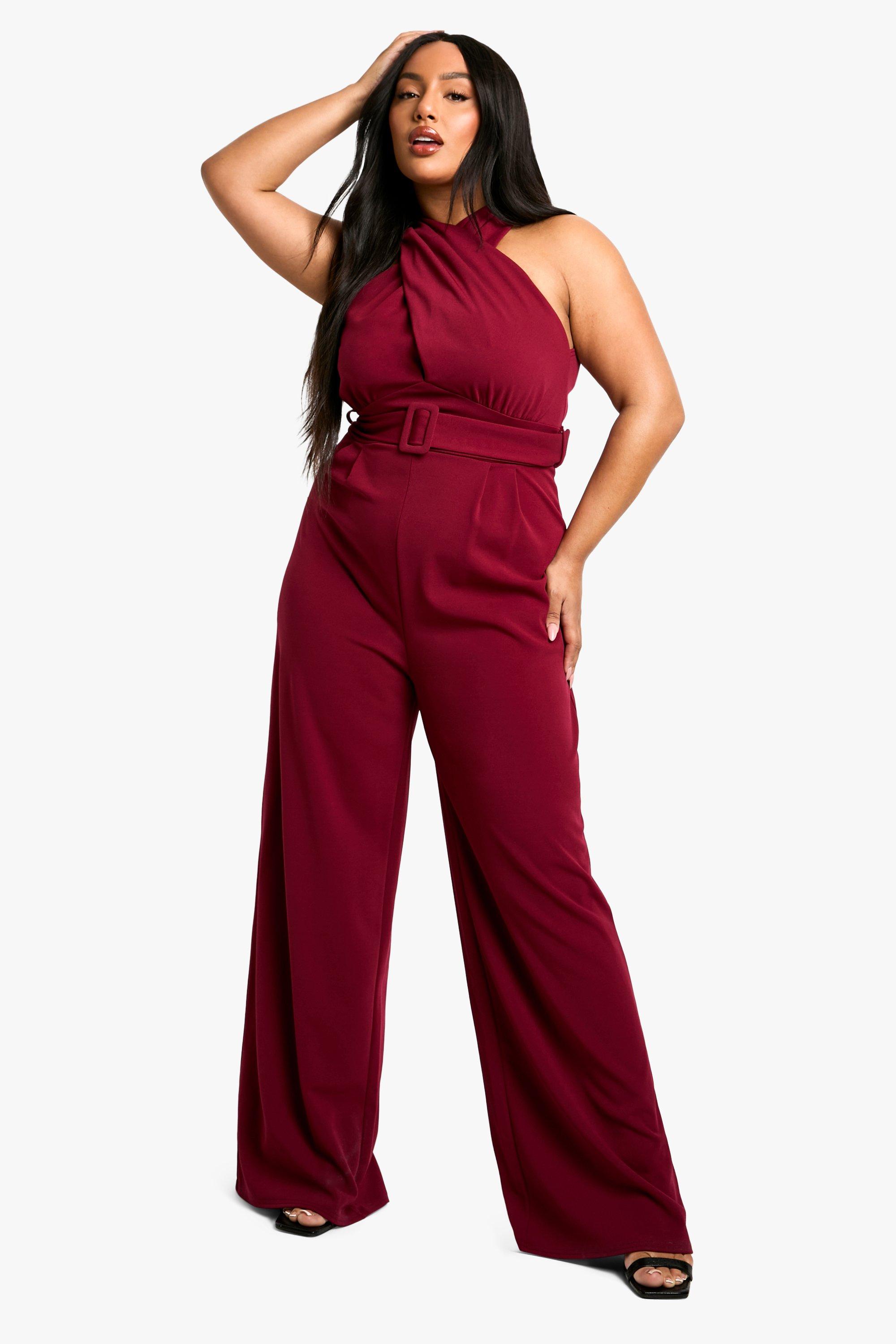 boohoo Women s Plus Cross Over Wrap Belt Wide Leg Jumpsuit Red Full Length Jumpsuits