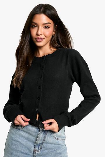 Black BRUSHED RIB CROPPED OVERSIZED BUTTON UP CARDIGAN