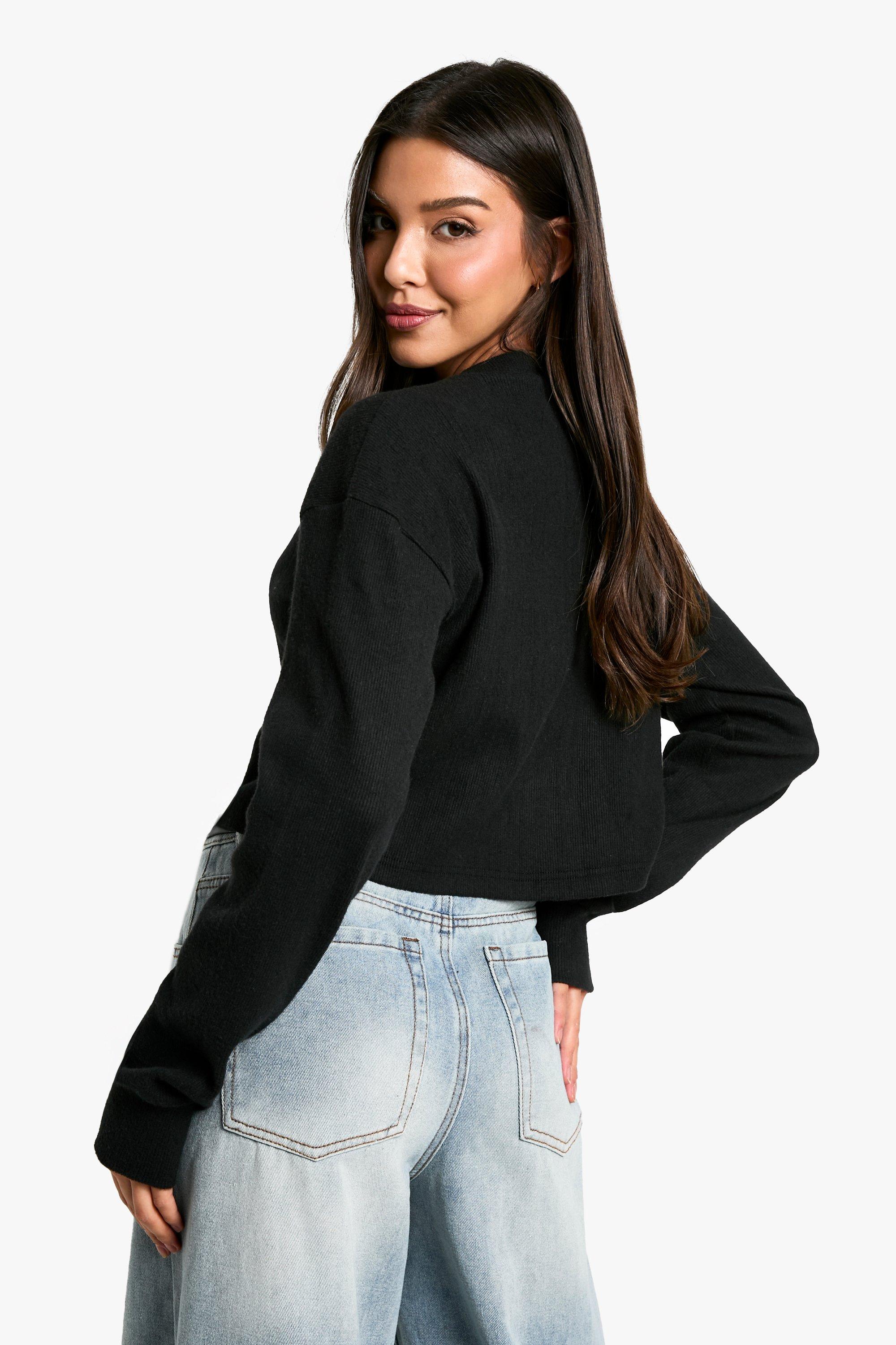 BRUSHED RIB CROPPED OVERSIZED BUTTON UP CARDIGAN