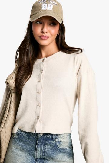 Stone Beige BRUSHED RIB CROPPED OVERSIZED BUTTON UP CARDIGAN