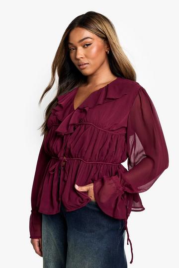 Plus Ruffle Tiered Tie Sleeve Smock Top plum