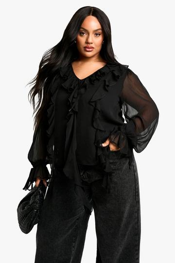 Plus Ruffle Balloon Sleeve Smock Top black