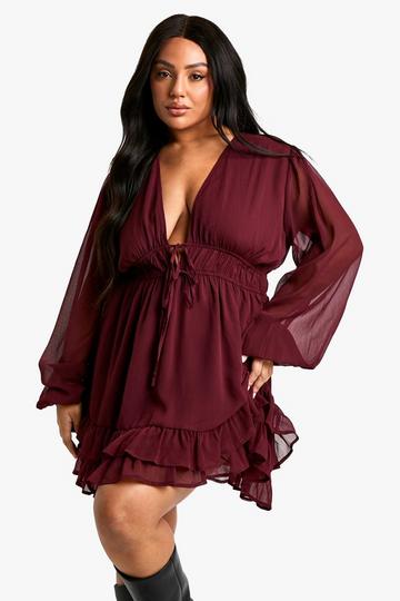 Plus Tiered Tie Smock Dress plum