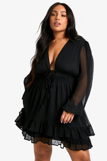 Plus Tiered Tie Smock Dress black