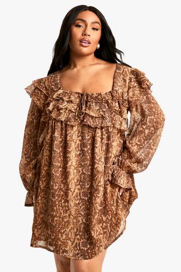 Plus Snake Print Ruffle Smock Mini Dress snake