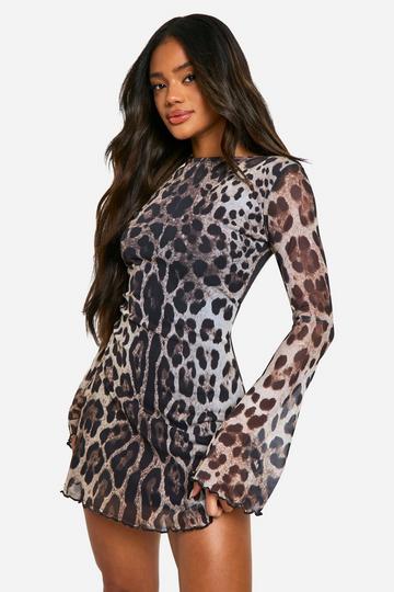 Leopard Mesh Flare Sleeve Mini Dress brown