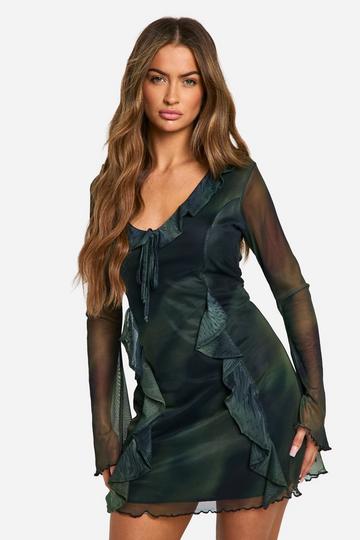 Green Abstract Mesh Flare Sleeve Mini Dress