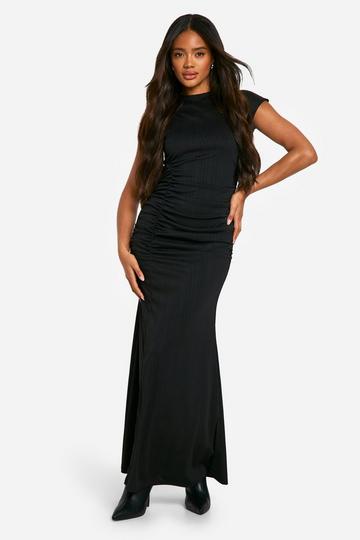 Black Textured Ruched Maxi Dress