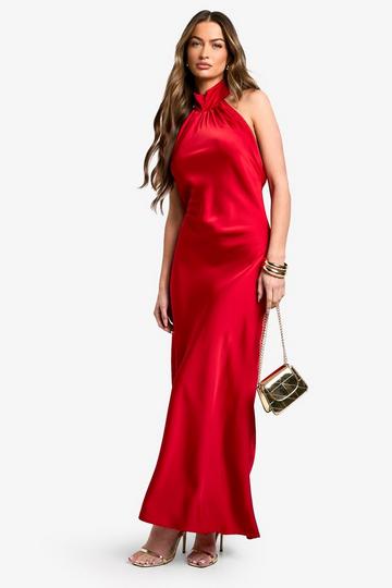 Red Satin Drape Maxi Dress