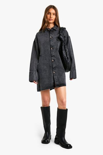 Washed Black Oversized Denim Shirt Dress washed black